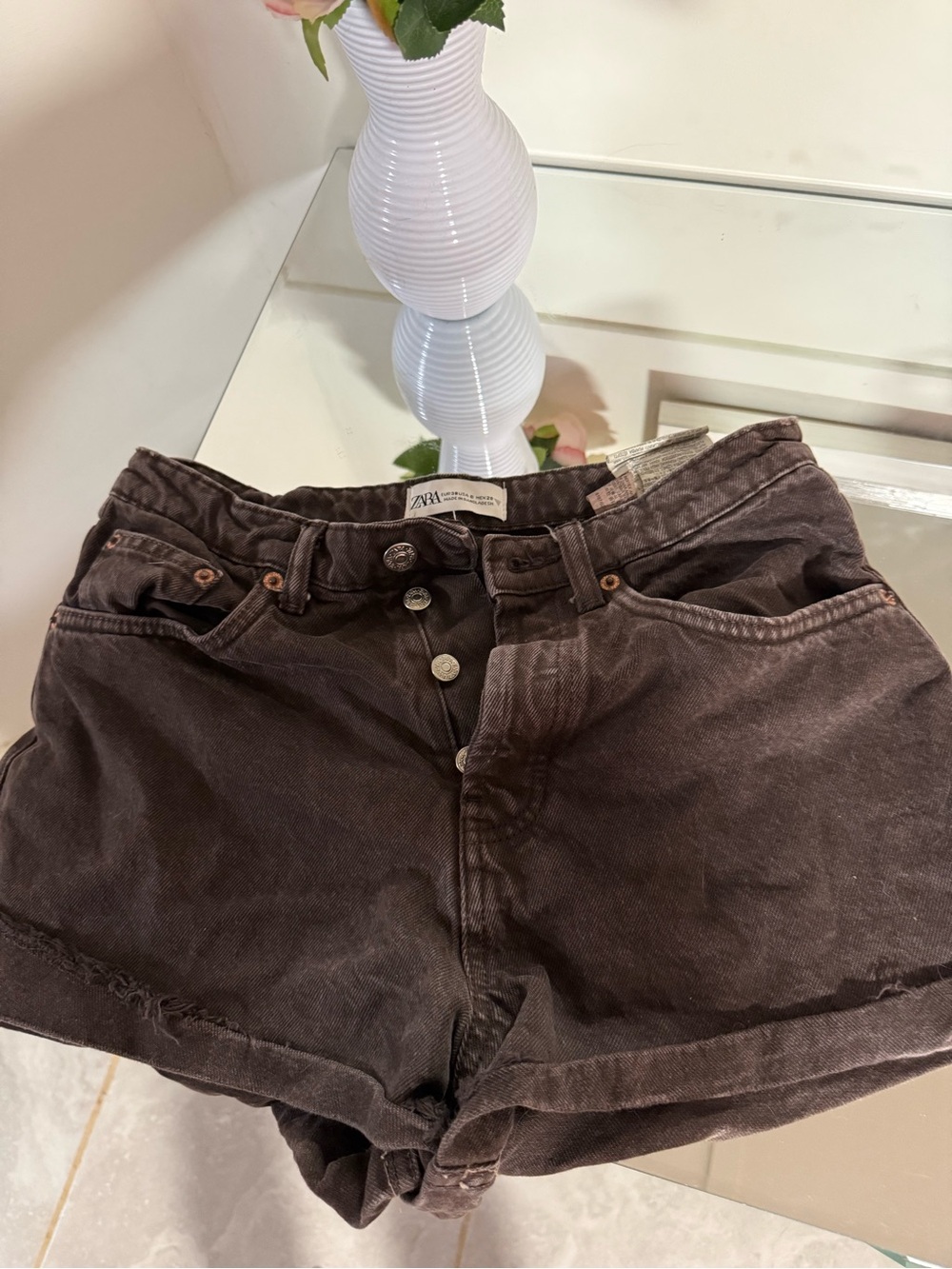Zara Brown Button-Front Denim Shorts
